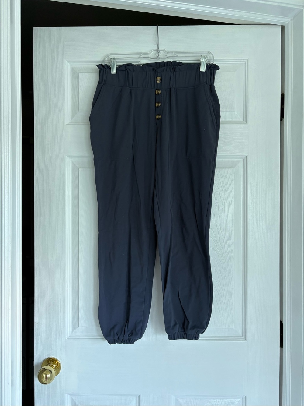 DYI Navy Button-Front Paperbag Waist Joggers